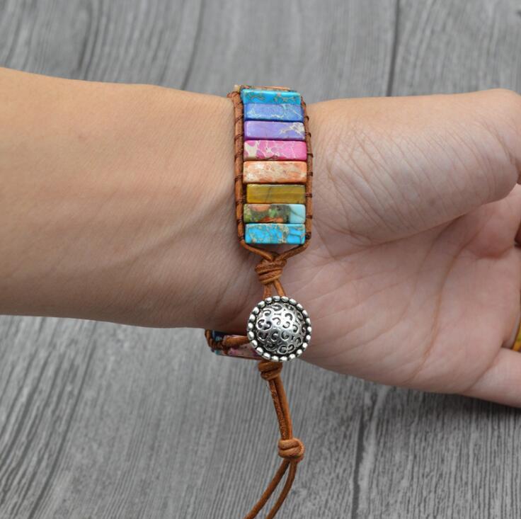 Chakra Bracelet Jewelry Handmade Multi Color Natural Stone Tube Beads Leather Wrap Bracelet Couples Bracelets Creative Gifts