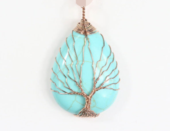 Natural Quartz Opal Stone Pendants Handmade Rose Gold Color Handmade Tree of Life Wrapped Drop Shaped Crystal Pendant Necklace