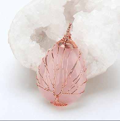 Natural Quartz Opal Stone Pendants Handmade Rose Gold Color Handmade Tree of Life Wrapped Drop Shaped Crystal Pendant Necklace