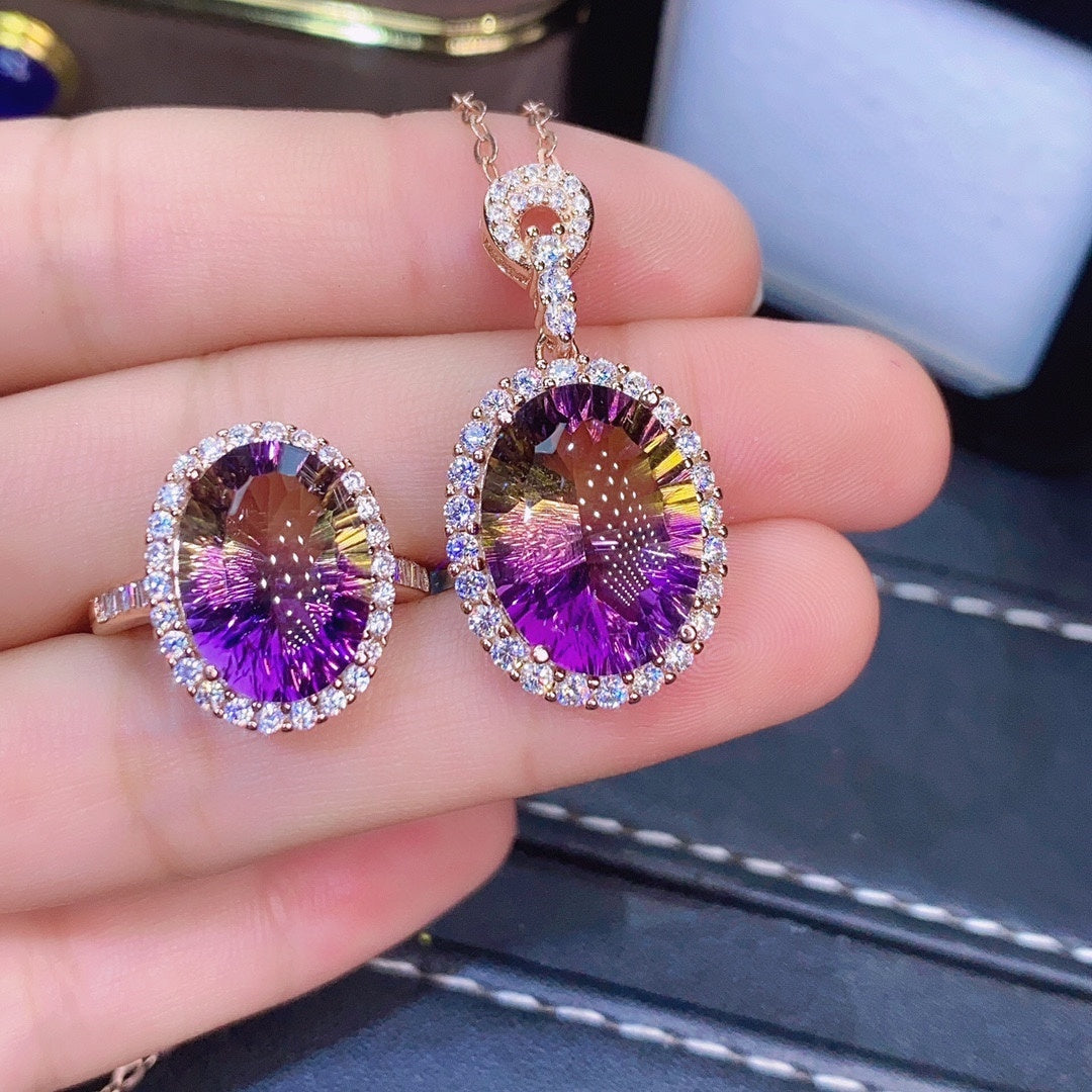 Amethyst Ring Pendant Set With Millennium Cut Crystals