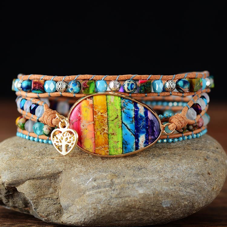 Seven Chakra Emperor Stone Leather Wrap Bracelet Bracelet Bohemian Friendship Bracelet