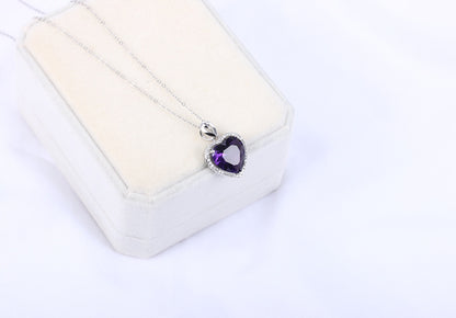 Silver Amethyst Pendant Heart-shaped Crystal Necklace For Women