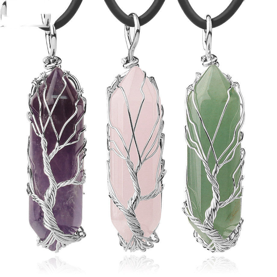 Hexagonal Prism Gemstone Necklace Tree Of Life Pendant