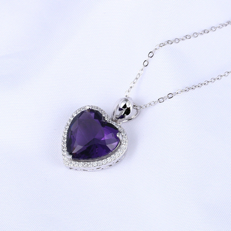 Silver Amethyst Pendant Heart-shaped Crystal Necklace For Women