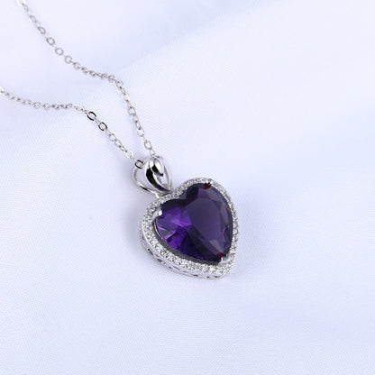 Silver Amethyst Pendant Heart-shaped Crystal Necklace For Women