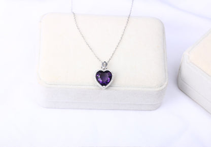 Silver Amethyst Pendant Heart-shaped Crystal Necklace For Women