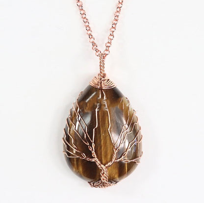 Natural Quartz Opal Stone Pendants Handmade Rose Gold Color Handmade Tree of Life Wrapped Drop Shaped Crystal Pendant Necklace