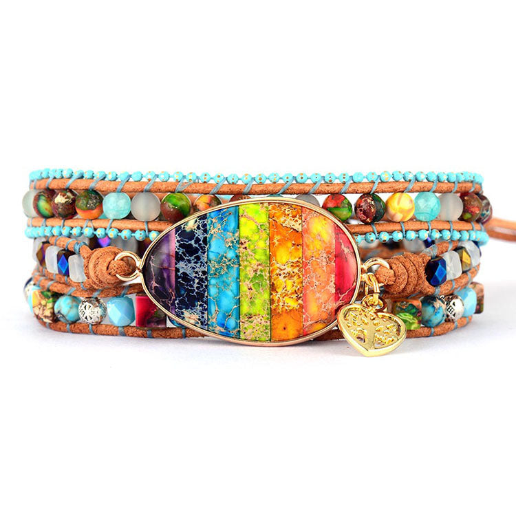 Seven Chakra Emperor Stone Leather Wrap Bracelet Bracelet Bohemian Friendship Bracelet