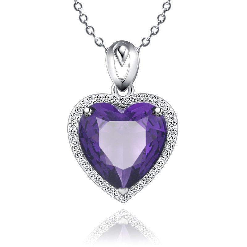 Silver Amethyst Pendant Heart-shaped Crystal Necklace For Women